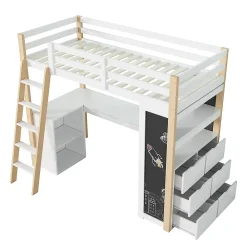 Okwish Lit Mezzanine enfant 90x200 cm - avec Bureau et Grand Tiroir de Rangement - Sans Matelas - Bois Massif et MDF, Blanc et Naturel* Lit Mezzanine