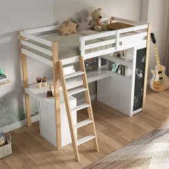 Okwish Lit Mezzanine enfant 90x200 cm - avec Bureau et Grand Tiroir de Rangement - Sans Matelas - Bois Massif et MDF, Blanc et Naturel* Lit Mezzanine