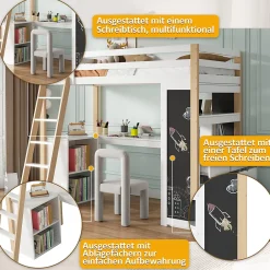 Okwish Lit Mezzanine enfant 90x200 cm - avec Bureau et Grand Tiroir de Rangement - Sans Matelas - Bois Massif et MDF, Blanc et Naturel* Lit Mezzanine