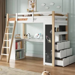 Okwish Lit Mezzanine enfant 90x200 cm - avec Bureau et Grand Tiroir de Rangement - Sans Matelas - Bois Massif et MDF, Blanc et Naturel* Lit Mezzanine