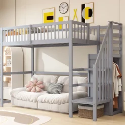 Lit Mezzanine enfant 90x200 cm avec Rangement, Escalier et Petit Dressing Intégré Bois Gris, Multifonction pour Chambre Ado, Gris>Okwish Sale