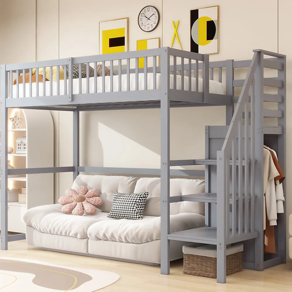 Lit Mezzanine enfant 90x200 cm avec Rangement, Escalier et Petit Dressing Intégré Bois Gris, Multifonction pour Chambre Ado, Gris>Okwish Sale