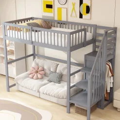 Lit Mezzanine enfant 90x200 cm avec Rangement, Escalier et Petit Dressing Intégré Bois Gris, Multifonction pour Chambre Ado, Gris>Okwish Sale