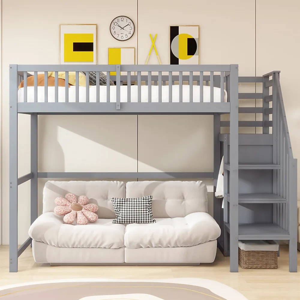 Lit Mezzanine enfant 90x200 cm avec Rangement, Escalier et Petit Dressing Intégré Bois Gris, Multifonction pour Chambre Ado, Gris>Okwish Sale