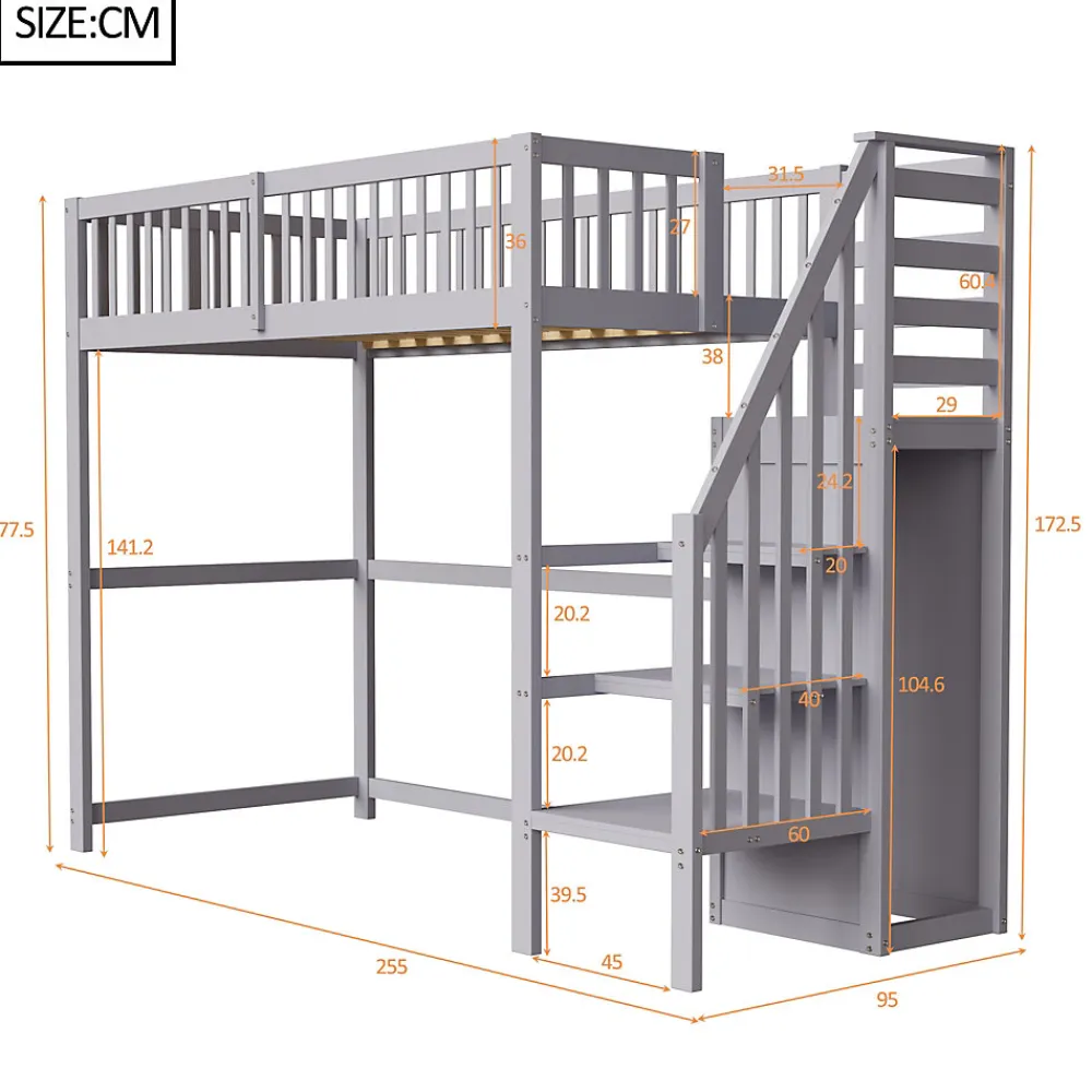 Lit Mezzanine enfant 90x200 cm avec Rangement, Escalier et Petit Dressing Intégré Bois Gris, Multifonction pour Chambre Ado, Gris>Okwish Sale