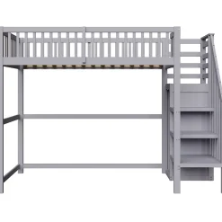 Lit Mezzanine enfant 90x200 cm avec Rangement, Escalier et Petit Dressing Intégré Bois Gris, Multifonction pour Chambre Ado, Gris><noscript><img width=