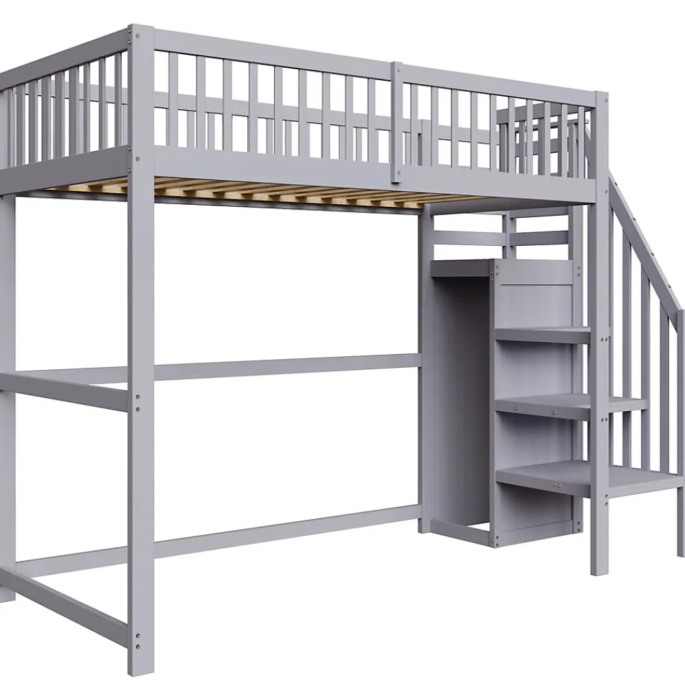 Lit Mezzanine enfant 90x200 cm avec Rangement, Escalier et Petit Dressing Intégré Bois Gris, Multifonction pour Chambre Ado, Gris>Okwish Sale