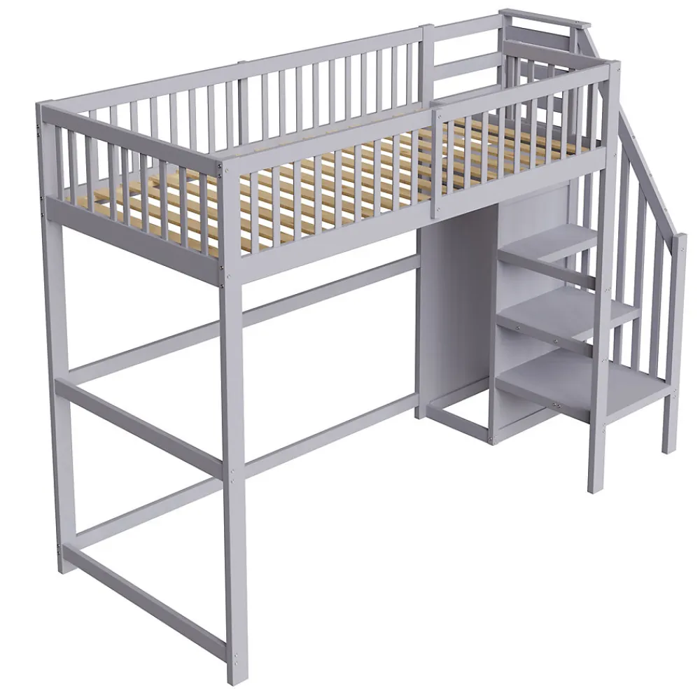Lit Mezzanine enfant 90x200 cm avec Rangement, Escalier et Petit Dressing Intégré Bois Gris, Multifonction pour Chambre Ado, Gris>Okwish Sale