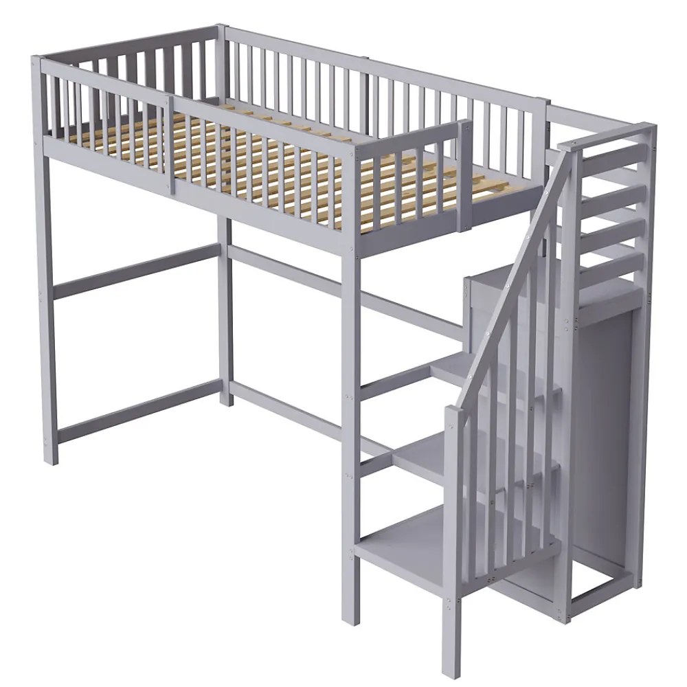 Lit Mezzanine enfant 90x200 cm avec Rangement, Escalier et Petit Dressing Intégré Bois Gris, Multifonction pour Chambre Ado, Gris>Okwish Sale