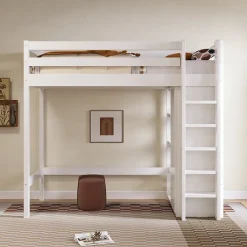 Okwish Lit Mezzanine Enfant 90x200 cm - Lit avec Armoire et 6 Étagères, Bois Massif et Panneaux E1, Blanc* Lit Mezzanine