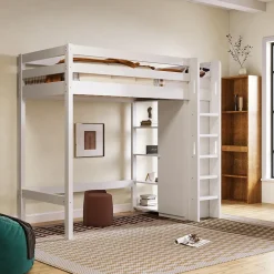 Okwish Lit Mezzanine Enfant 90x200 cm - Lit avec Armoire et 6 Étagères, Bois Massif et Panneaux E1, Blanc* Lit Mezzanine