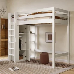 Okwish Lit Mezzanine Enfant 90x200 cm - Lit avec Armoire et 6 Étagères, Bois Massif et Panneaux E1, Blanc* Lit Mezzanine
