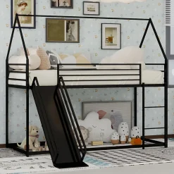 Lit Mezzanine Enfant 90x190 cm - Lit Maison avec Toboggan et Échelle, Métal Noir, Sans Matelas>Okwish Outlet