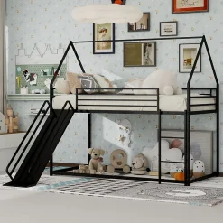 Lit Mezzanine Enfant 90x190 cm - Lit Maison avec Toboggan et Échelle, Métal Noir, Sans Matelas>Okwish Outlet