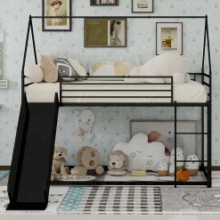Lit Mezzanine Enfant 90x190 cm - Lit Maison avec Toboggan et Échelle, Métal Noir, Sans Matelas><noscript><img width=