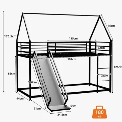 Lit Mezzanine Enfant 90x190 cm - Lit Maison avec Toboggan et Échelle, Métal Noir, Sans Matelas><noscript><img width=