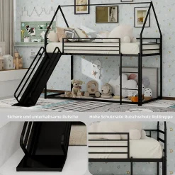 Lit Mezzanine Enfant 90x190 cm - Lit Maison avec Toboggan et Échelle, Métal Noir, Sans Matelas><noscript><img width=