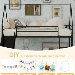 Lit Mezzanine Enfant 90x190 cm - Lit Maison avec Toboggan et Échelle, Métal Noir, Sans Matelas><noscript><img width=