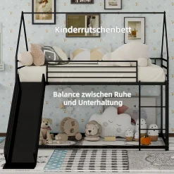 Lit Mezzanine Enfant 90x190 cm - Lit Maison avec Toboggan et Échelle, Métal Noir, Sans Matelas><noscript><img width=