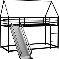 Lit Mezzanine Enfant 90x190 cm - Lit Maison avec Toboggan et Échelle, Métal Noir, Sans Matelas><noscript><img width=