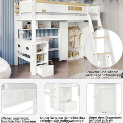 Okwish Lit Mezzanine enfant 90x200 cm Bois avec Bureau, Échelle à Niveaux, Protection Anti-Chute, Rangement, Blanc/Naturel, Sans Matelas* Lit Mezzanine