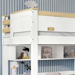 Okwish Lit Mezzanine enfant 90x200 cm Bois avec Bureau, Échelle à Niveaux, Protection Anti-Chute, Rangement, Blanc/Naturel, Sans Matelas* Lit Mezzanine