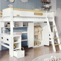 Okwish Lit Mezzanine enfant 90x200 cm Bois avec Bureau, Échelle à Niveaux, Protection Anti-Chute, Rangement, Blanc/Naturel, Sans Matelas* Lit Mezzanine