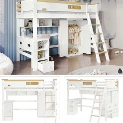 Okwish Lit Mezzanine enfant 90x200 cm Bois avec Bureau, Échelle à Niveaux, Protection Anti-Chute, Rangement, Blanc/Naturel, Sans Matelas* Lit Mezzanine
