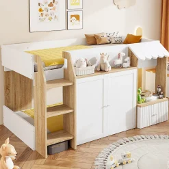 Lit Mezzanine enfant 90x200 cm avec Échelle et Rangement Ouvert - Bois Massif Naturel et Blanc, Sans Matelas>Okwish Outlet