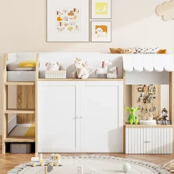 Lit Mezzanine enfant 90x200 cm avec Échelle et Rangement Ouvert - Bois Massif Naturel et Blanc, Sans Matelas>Okwish Outlet