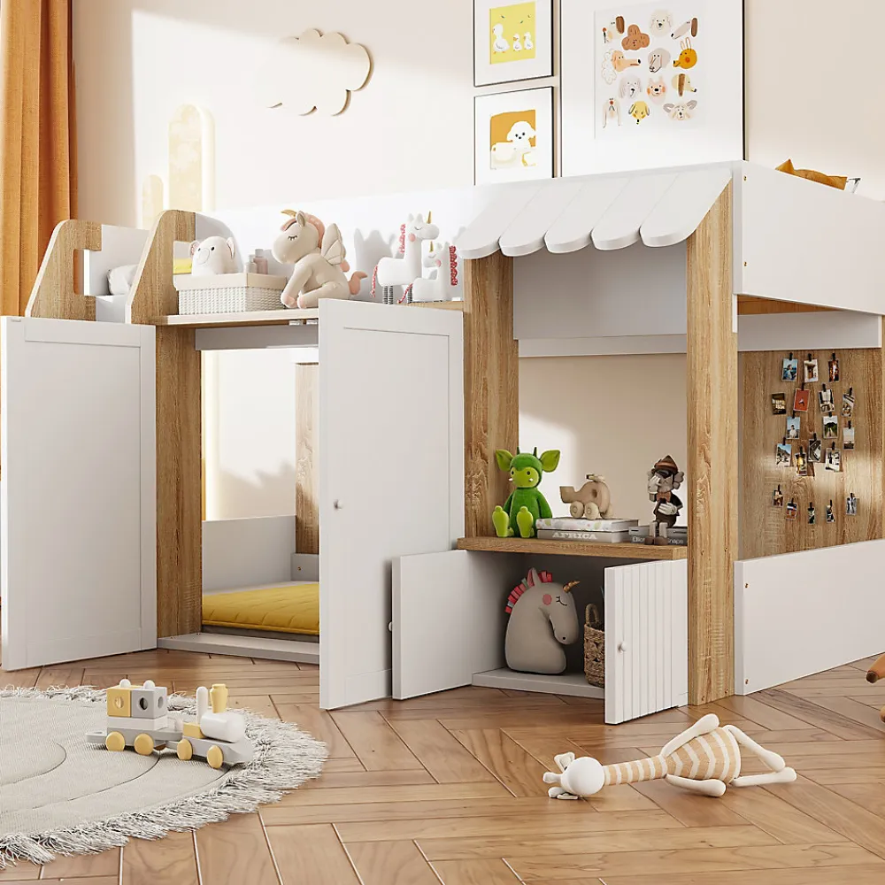 Lit Mezzanine enfant 90x200 cm avec Échelle et Rangement Ouvert - Bois Massif Naturel et Blanc, Sans Matelas>Okwish Outlet