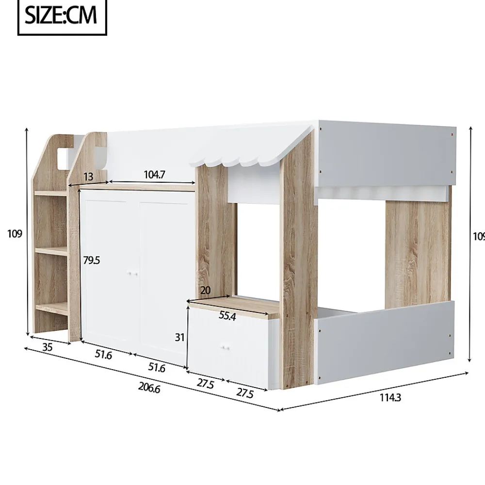 Lit Mezzanine enfant 90x200 cm avec Échelle et Rangement Ouvert - Bois Massif Naturel et Blanc, Sans Matelas>Okwish Outlet