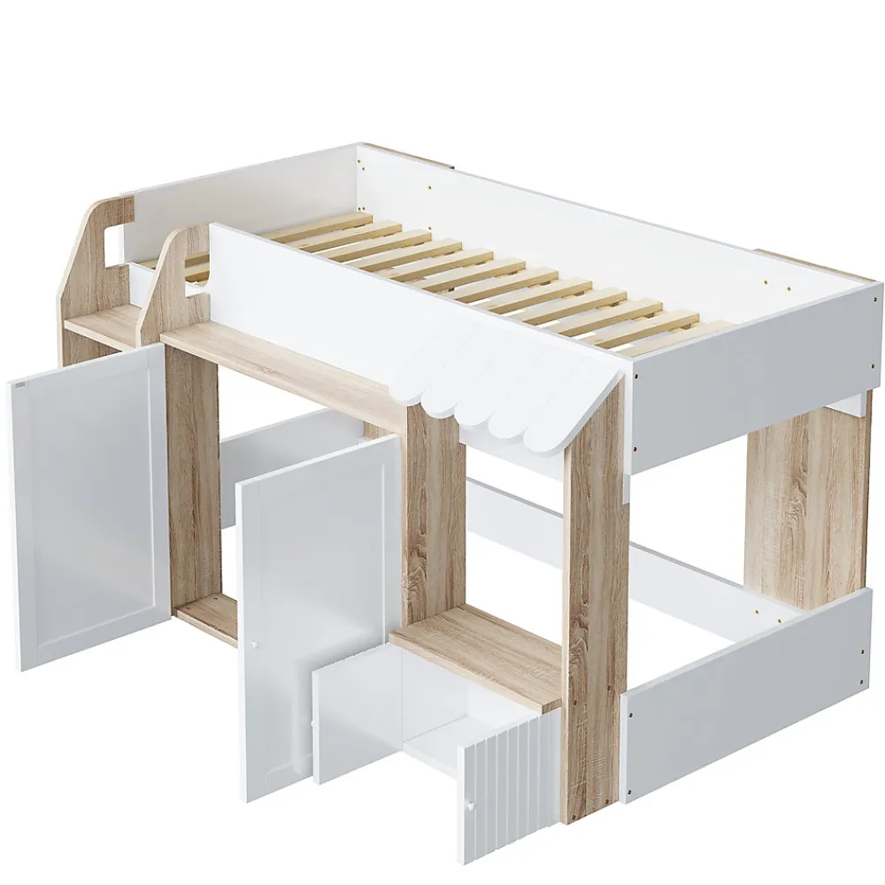 Lit Mezzanine enfant 90x200 cm avec Échelle et Rangement Ouvert - Bois Massif Naturel et Blanc, Sans Matelas>Okwish Outlet
