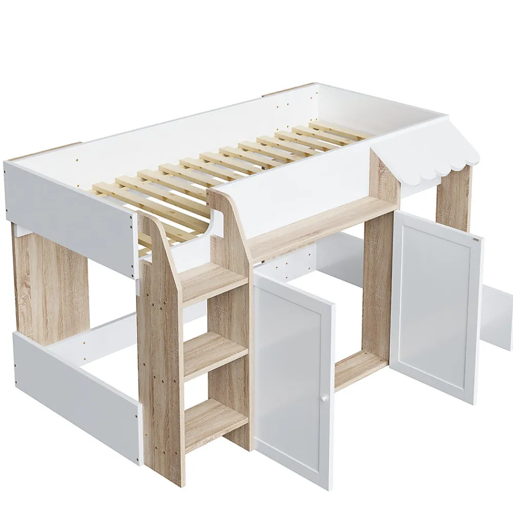 Lit Mezzanine enfant 90x200 cm avec Échelle et Rangement Ouvert - Bois Massif Naturel et Blanc, Sans Matelas>Okwish Outlet