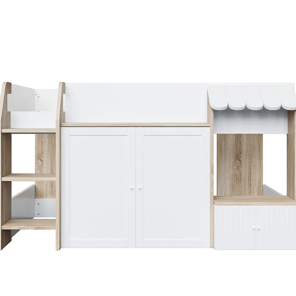 Lit Mezzanine enfant 90x200 cm avec Échelle et Rangement Ouvert - Bois Massif Naturel et Blanc, Sans Matelas>Okwish Outlet