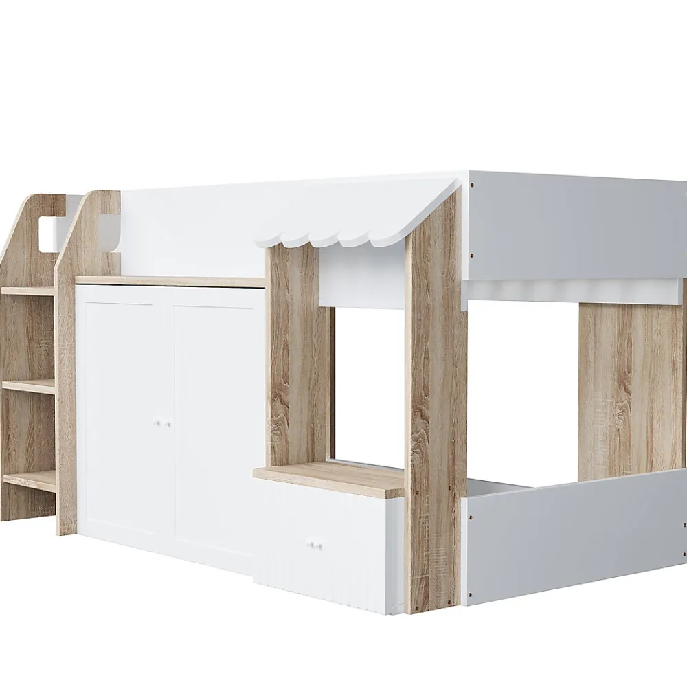 Lit Mezzanine enfant 90x200 cm avec Échelle et Rangement Ouvert - Bois Massif Naturel et Blanc, Sans Matelas>Okwish Outlet