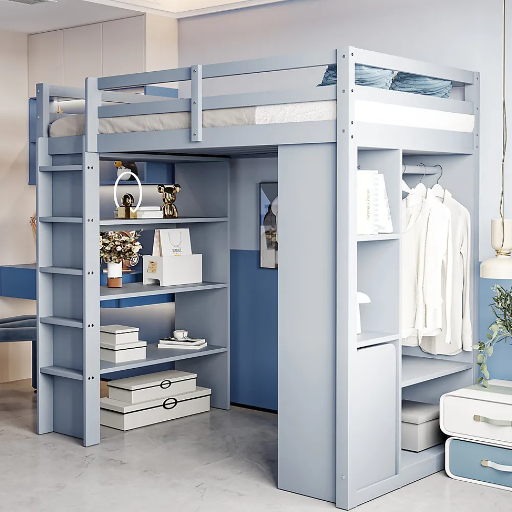 Lit Mezzanine enfant 90x200 cm en Bois Gris avec Étagères, Porte-Vêtements & Chariot de Rangement Amovible - Multifonction - Gris>Okwish