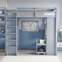 Lit Mezzanine enfant 90x200 cm en Bois Gris avec Étagères, Porte-Vêtements & Chariot de Rangement Amovible - Multifonction - Gris><noscript><img width=