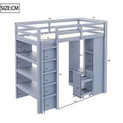 Lit Mezzanine enfant 90x200 cm en Bois Gris avec Étagères, Porte-Vêtements & Chariot de Rangement Amovible - Multifonction - Gris><noscript><img width=