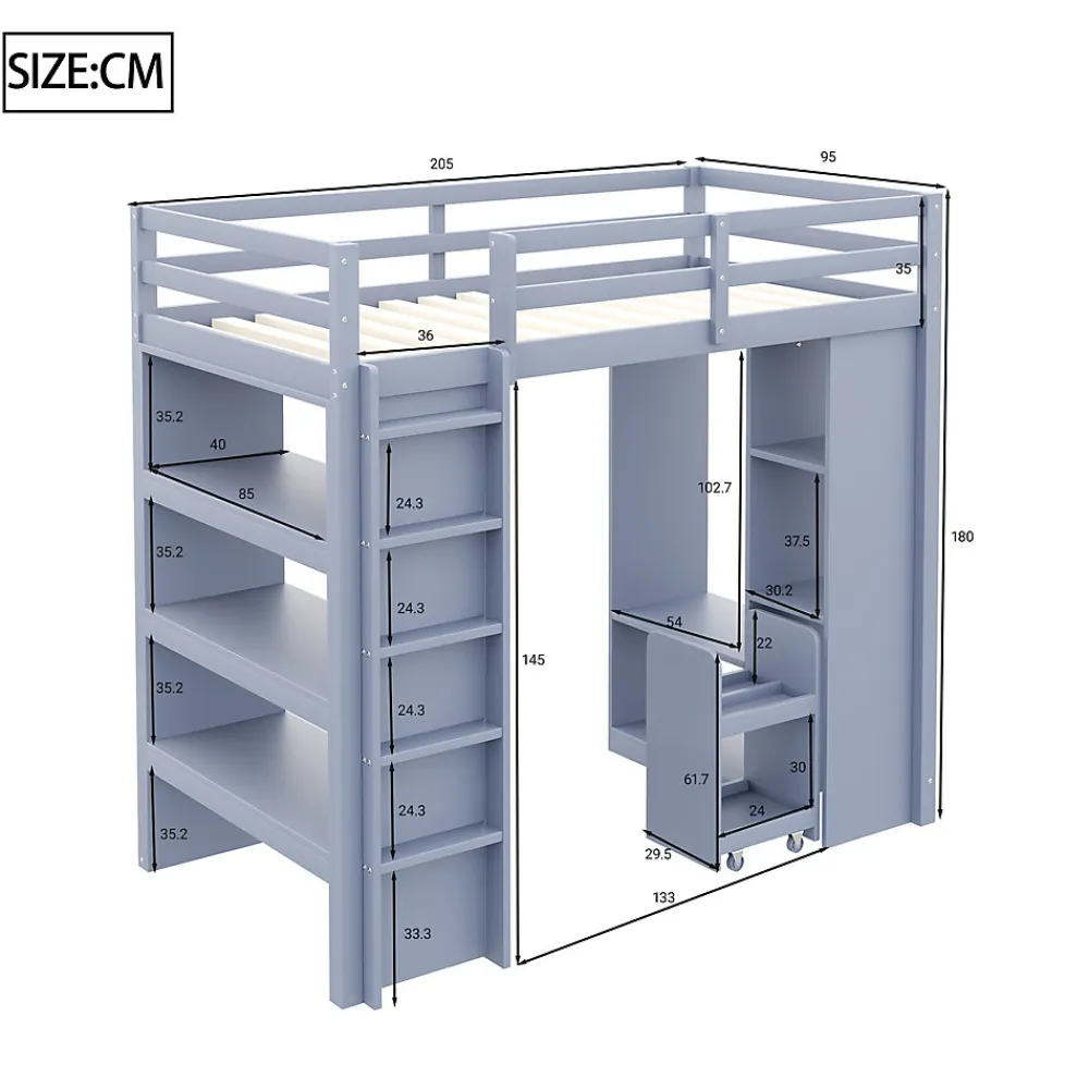 Lit Mezzanine enfant 90x200 cm en Bois Gris avec Étagères, Porte-Vêtements & Chariot de Rangement Amovible - Multifonction - Gris>Okwish