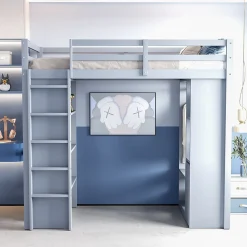 Lit Mezzanine enfant 90x200 cm en Bois Gris avec Étagères, Porte-Vêtements & Chariot de Rangement Amovible - Multifonction - Gris><noscript><img width=