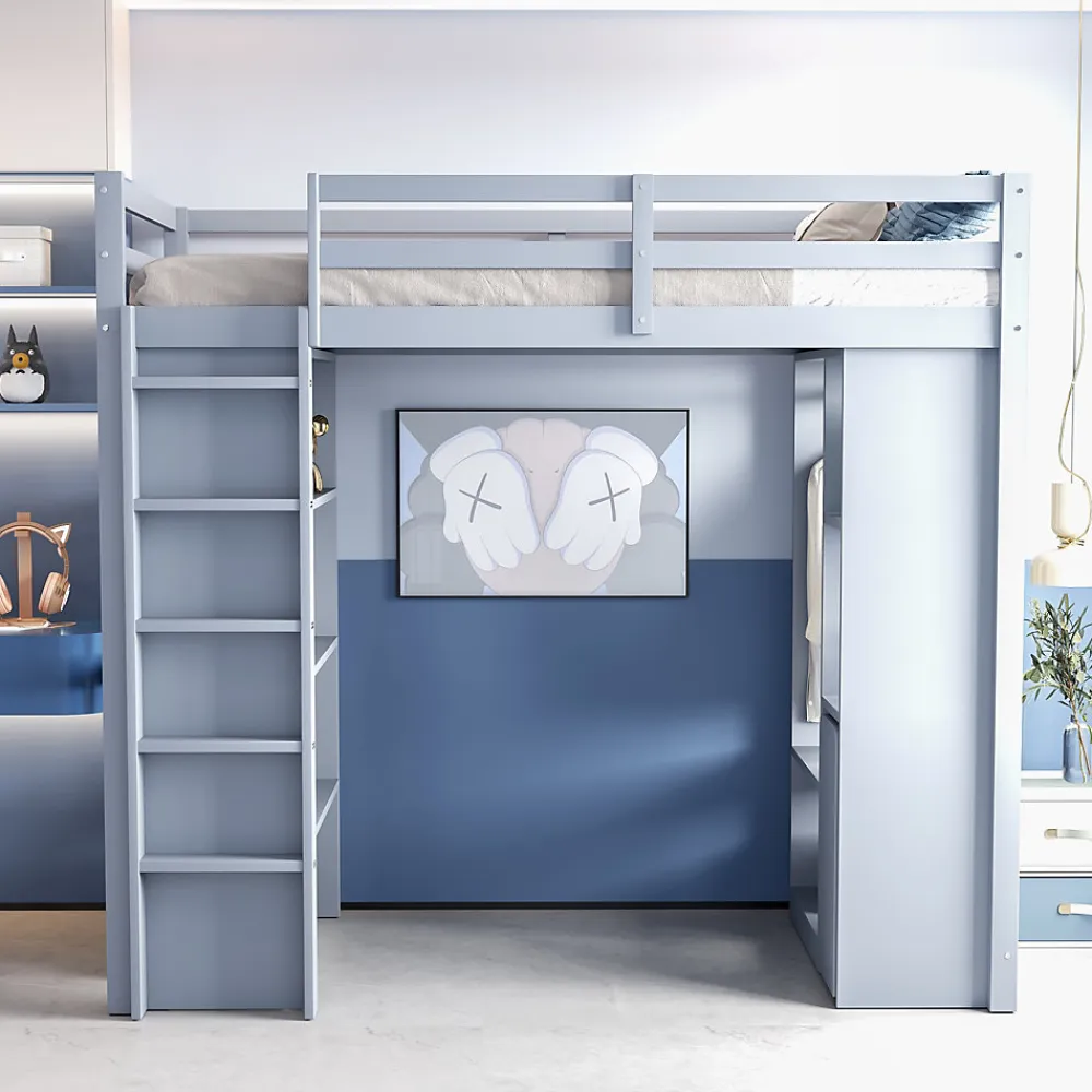 Lit Mezzanine enfant 90x200 cm en Bois Gris avec Étagères, Porte-Vêtements & Chariot de Rangement Amovible - Multifonction - Gris>Okwish