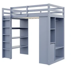 Lit Mezzanine enfant 90x200 cm en Bois Gris avec Étagères, Porte-Vêtements & Chariot de Rangement Amovible - Multifonction - Gris><noscript><img width=