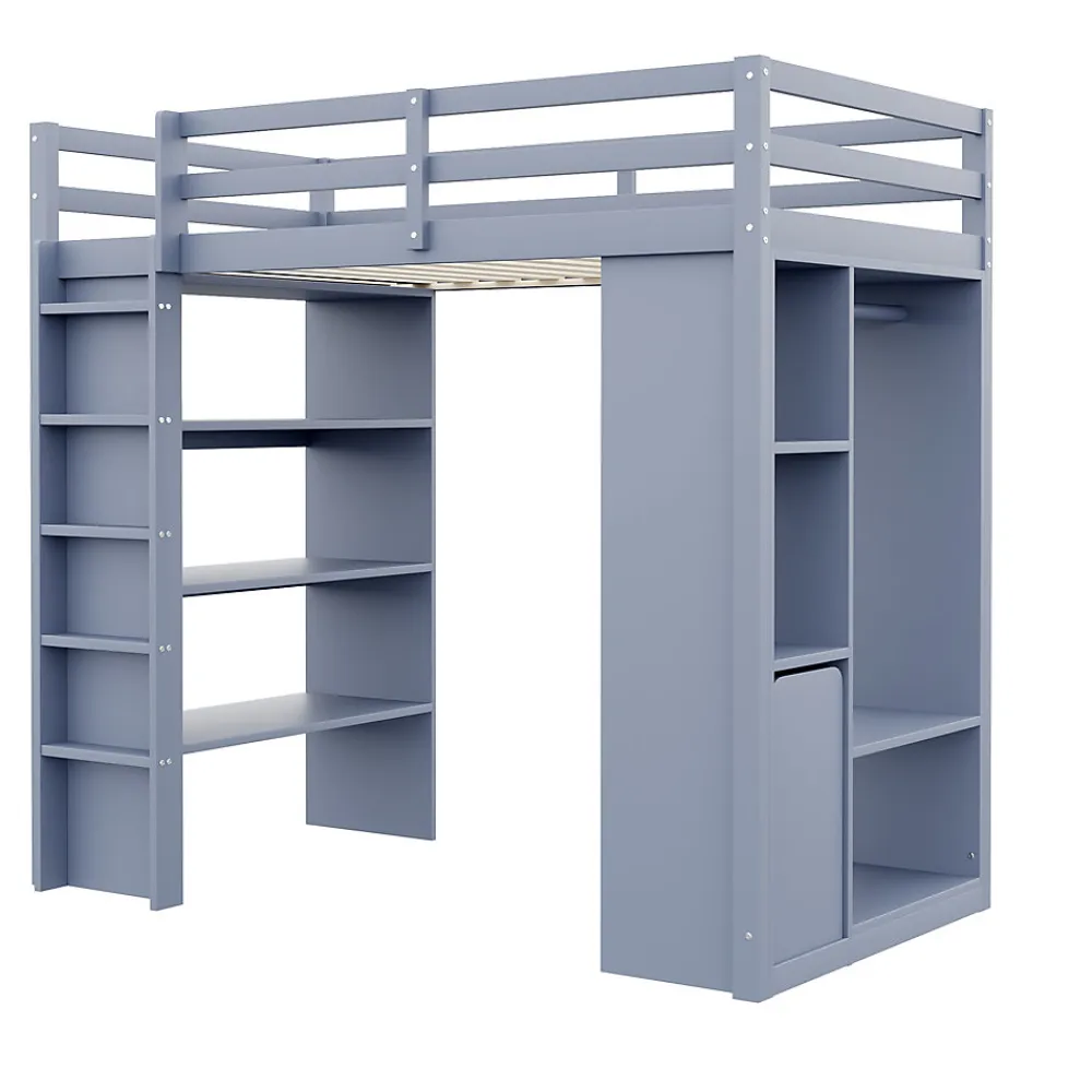 Lit Mezzanine enfant 90x200 cm en Bois Gris avec Étagères, Porte-Vêtements & Chariot de Rangement Amovible - Multifonction - Gris>Okwish