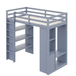 Lit Mezzanine enfant 90x200 cm en Bois Gris avec Étagères, Porte-Vêtements & Chariot de Rangement Amovible - Multifonction - Gris><noscript><img width=