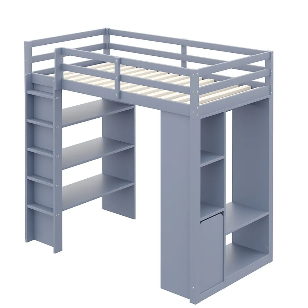 Lit Mezzanine enfant 90x200 cm en Bois Gris avec Étagères, Porte-Vêtements & Chariot de Rangement Amovible - Multifonction - Gris>Okwish