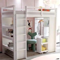 Okwish Lit Mezzanine enfant 90x200 cm en Bois avec Étagères, Porte-Vêtements & Chariot de Rangement Amovible - Multifonction - Blanc* Lit Mezzanine