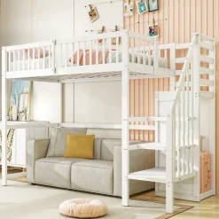 Okwish Lit Mezzanine enfant 90x200 cm avec Rangement, Escalier et Petit Dressing Intégré, Multifonction pour Chambre Ado, Blanc* Lit Mezzanine