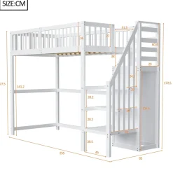 Okwish Lit Mezzanine enfant 90x200 cm avec Rangement, Escalier et Petit Dressing Intégré, Multifonction pour Chambre Ado, Blanc* Lit Mezzanine