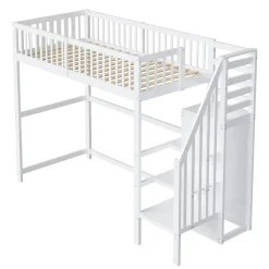 Okwish Lit Mezzanine enfant 90x200 cm avec Rangement, Escalier et Petit Dressing Intégré, Multifonction pour Chambre Ado, Blanc* Lit Mezzanine